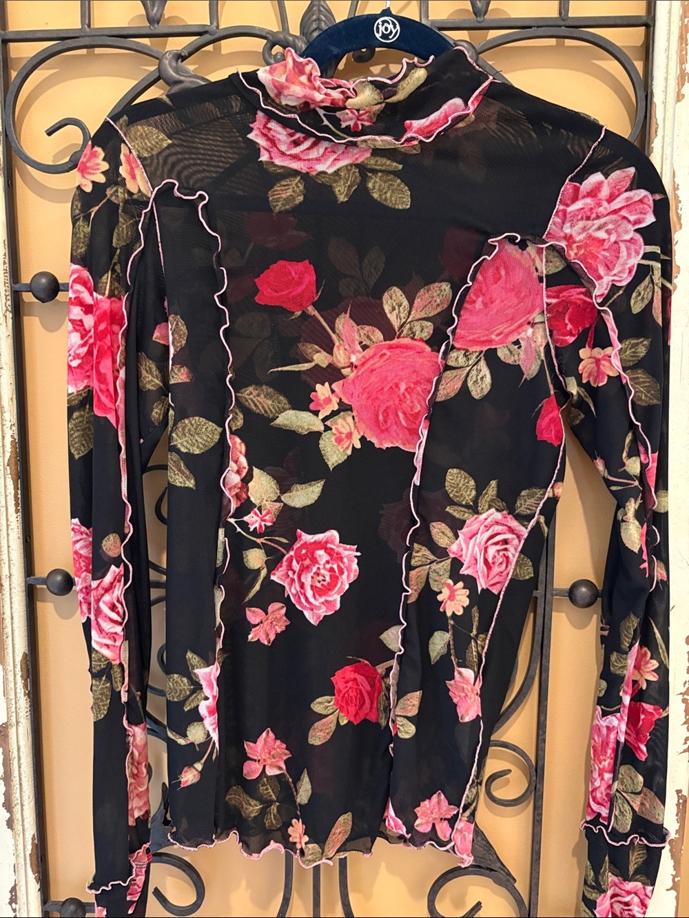 Free People Black Floral Mesh Long-Sleeve Dress with Pink Roses